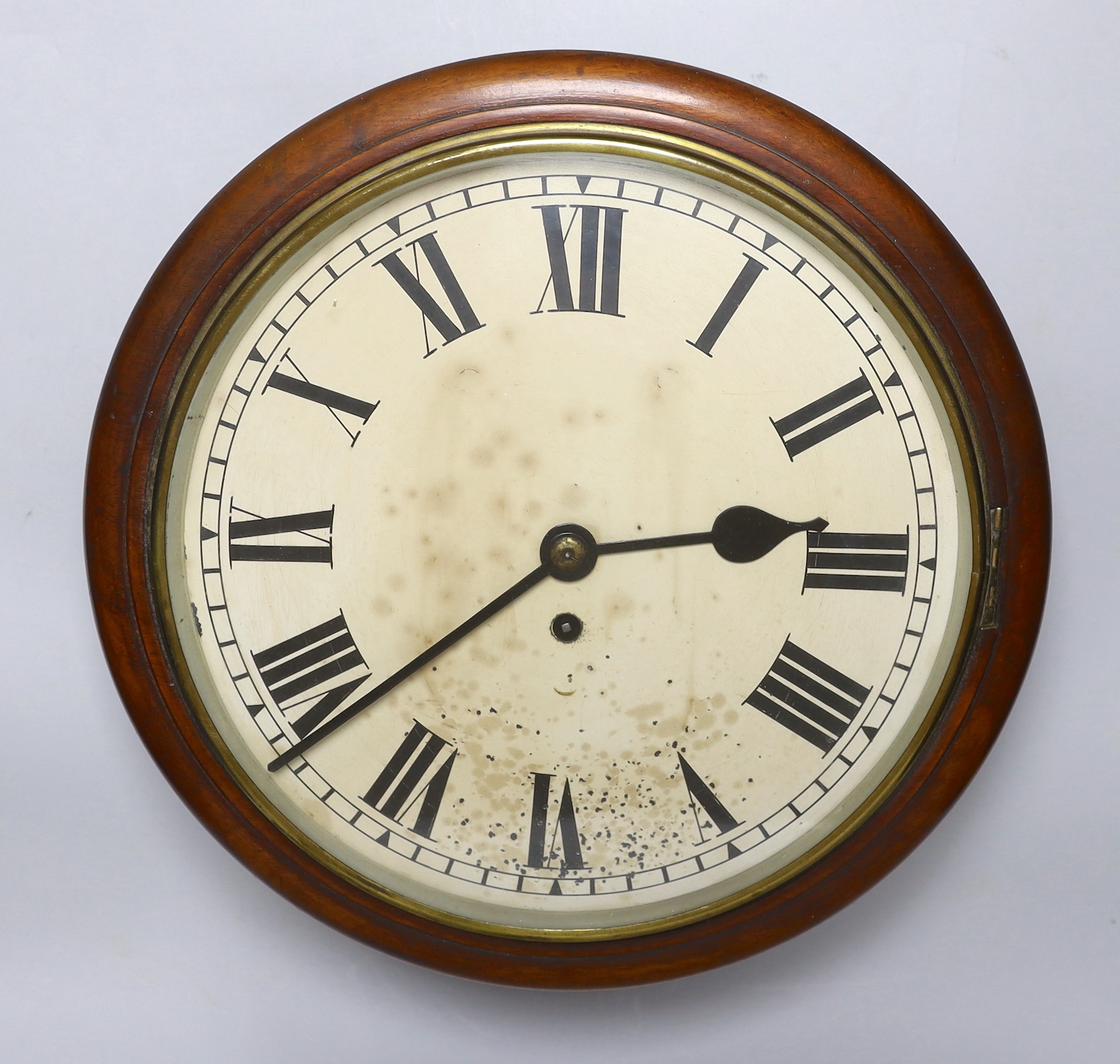 A J. Carr & Sons mahogany wall clock, single fusee movement, with pendulum and key, 37cm in diameter